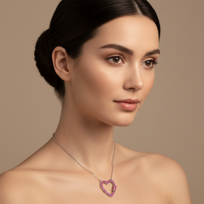 Lab-Grown Ruby Open Heart Necklace In White Gold | Romantic Pave Pendant With Adjustable 16–17 Inch Chain - Two