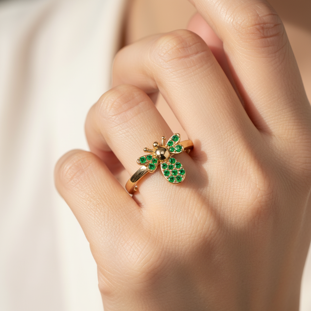 Emerald Bee Ring With Pav Gemstones - Two