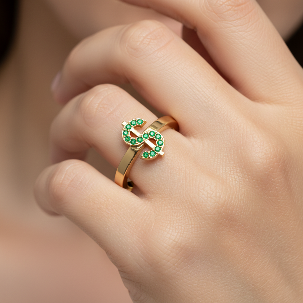 Green Emerald Dollar Sign Statement Ring