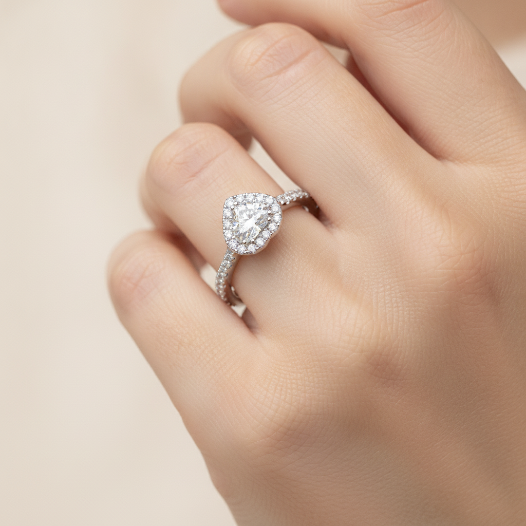 Heart Shaped Halo Ring In 925 Sterling Silver - Fourteen