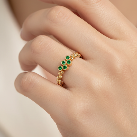 Green Stone Cluster Ring in Yellow Gold – Beaded Stackable Ring | Jebij