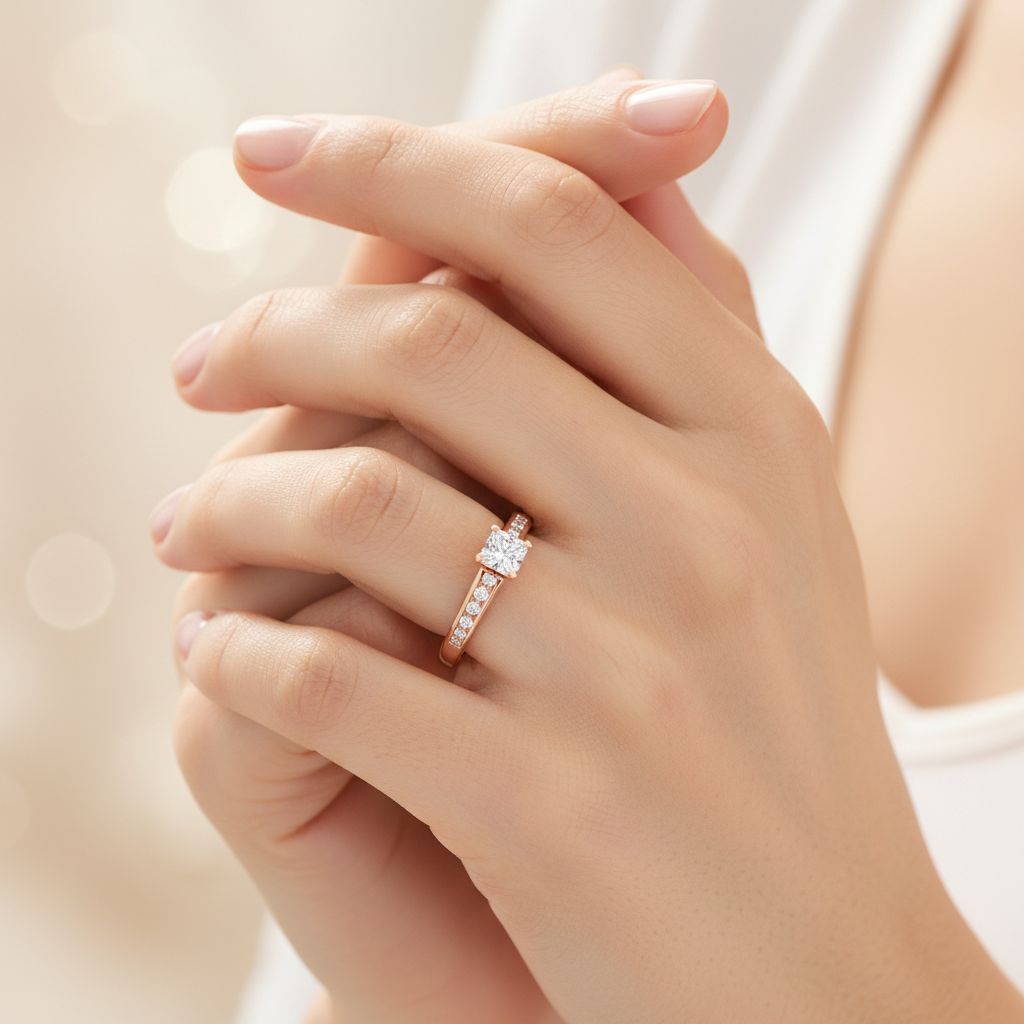 Rose Gold Solitaire Diamond Engagement Ring With Pav Band - Two