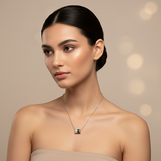 Diamond & Green Gemstone Barrel Pendant Necklace With Custom Enamel | Adjustable 16–17 Inch Chain In Yellow Gold | Jebij - Two