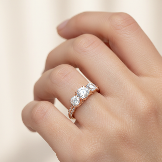 Rose Gold Three Stone Diamond Engagement Ring with Split Shank Band