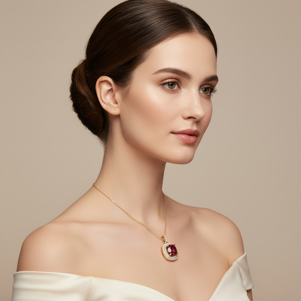 Cushion Cut Red Garnet Double Halo Diamond Pendant - Two