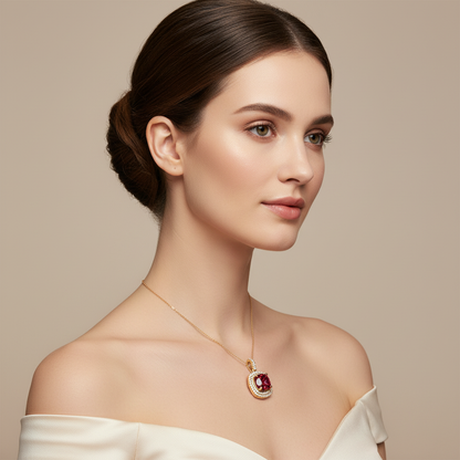 Cushion Cut Red Garnet Double Halo Diamond Pendant - Two