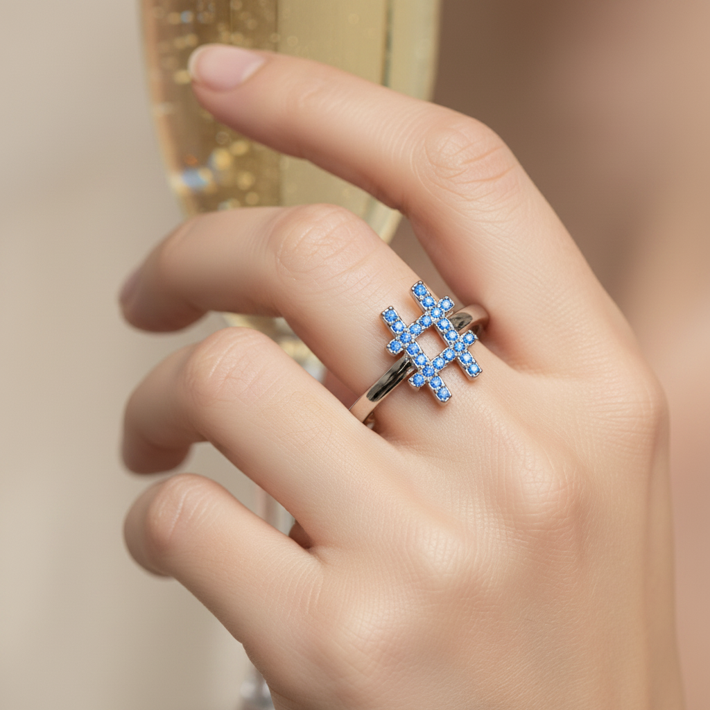 Blue Sapphire Hashtag Symbol Ring With Pav Stones - Two