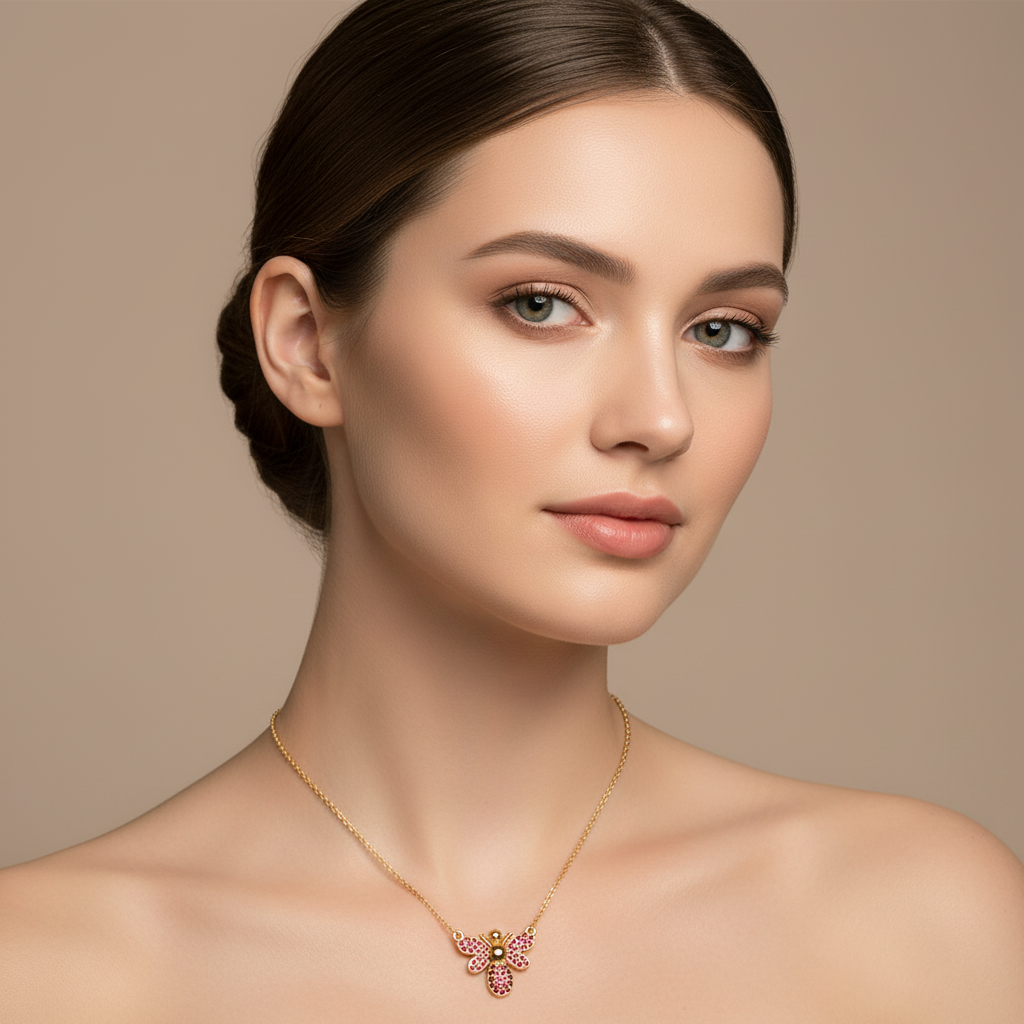 Pink Crystal Bee Pendant Necklace With Rose Tone Chain - Two