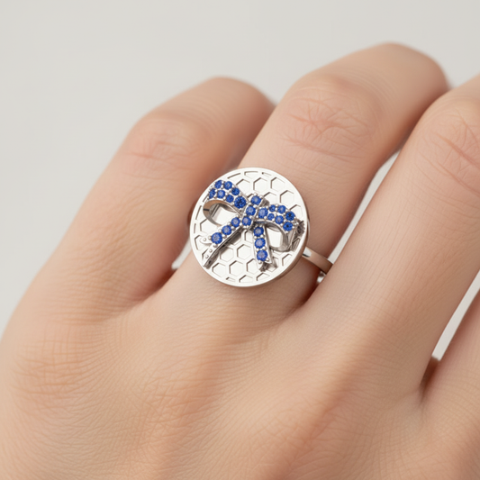 Blue Sapphire Cross Honeycomb Disc Ring - Two