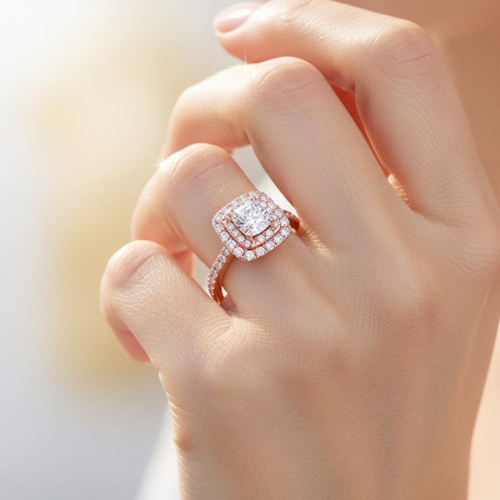 Rose Gold Emerald Cut Diamond Halo Engagement Ring With Pav Band - Two