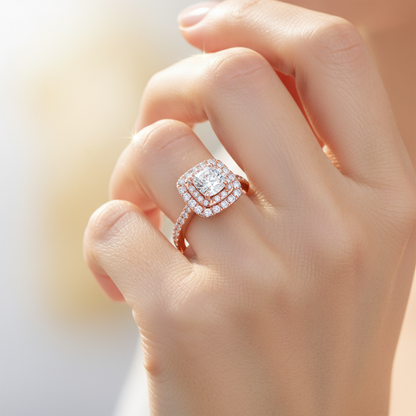 Rose Gold Emerald Cut Diamond Halo Engagement Ring With Pav Band - Two