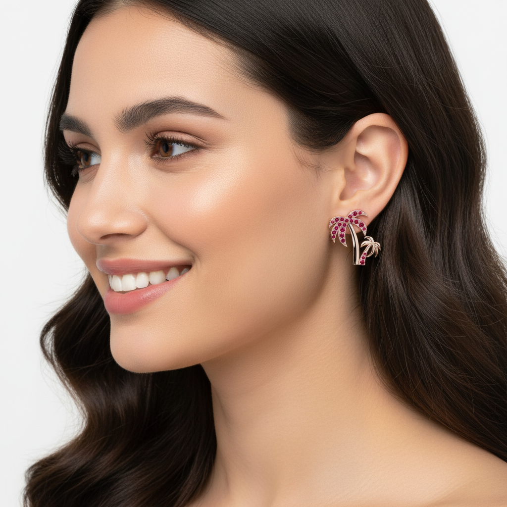 Pink Crystal Palm Tree Stud Earrings - Two