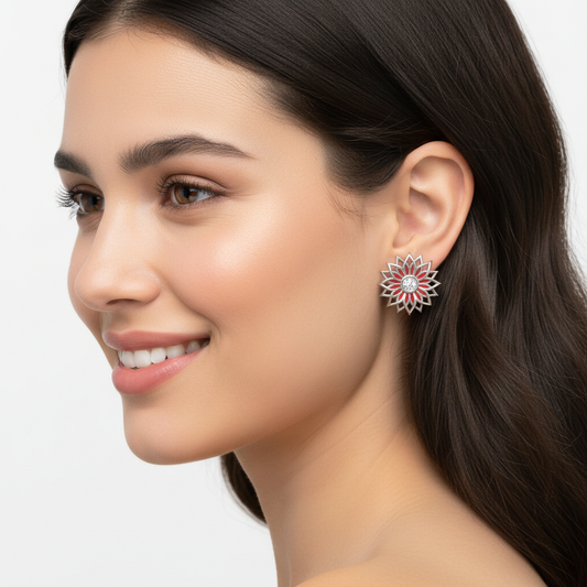 Red Enamel Sunflower Diamond Stud Earrings in White Gold