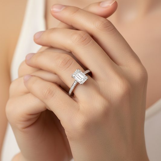 White Gold Emerald Cut Diamond Solitaire Engagement Ring with Hidden Halo