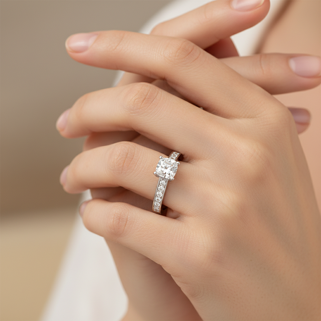 White Gold Cushion Cut Diamond Solitaire Engagement Ring With Princess Side Stone - Two