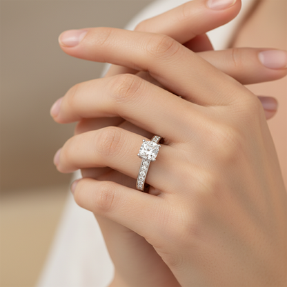 White Gold Cushion Cut Diamond Solitaire Engagement Ring With Princess Side Stone - Two