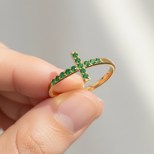 Emerald Cross Stackable Ring with Pav Gemstones