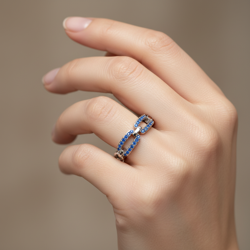 Lab-Grown Blue Sapphire Interlocking Link Ring in White Gold | Double Pave Luxury Chain Design Statement Ring for Women | Jebij
