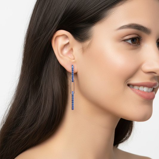 Blue Sapphire Linear Drop Earrings With Safety Pin Design - Two