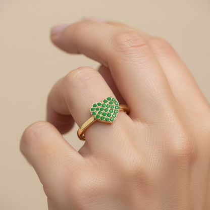 Emerald Pav Heart Ring Dainty Stackable Band - Two