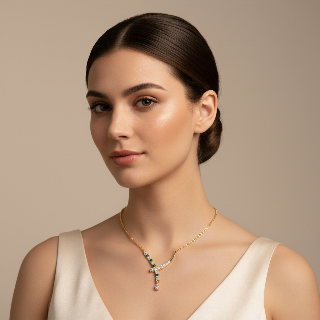Natural Diamond Curved Bar Necklace With Green Gemstone Drop Pendant - Two
