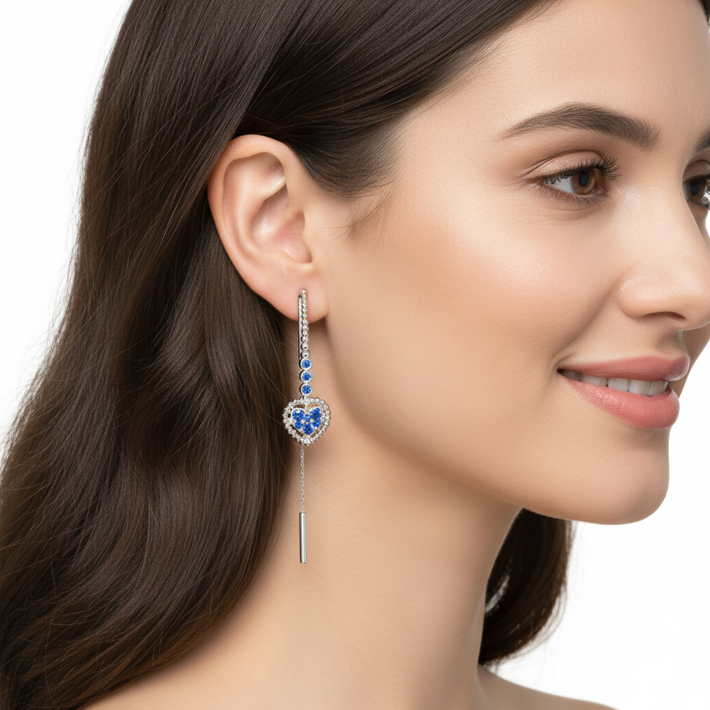 Blue Sapphire Heart Threader Earrings With Bar Drop - Two