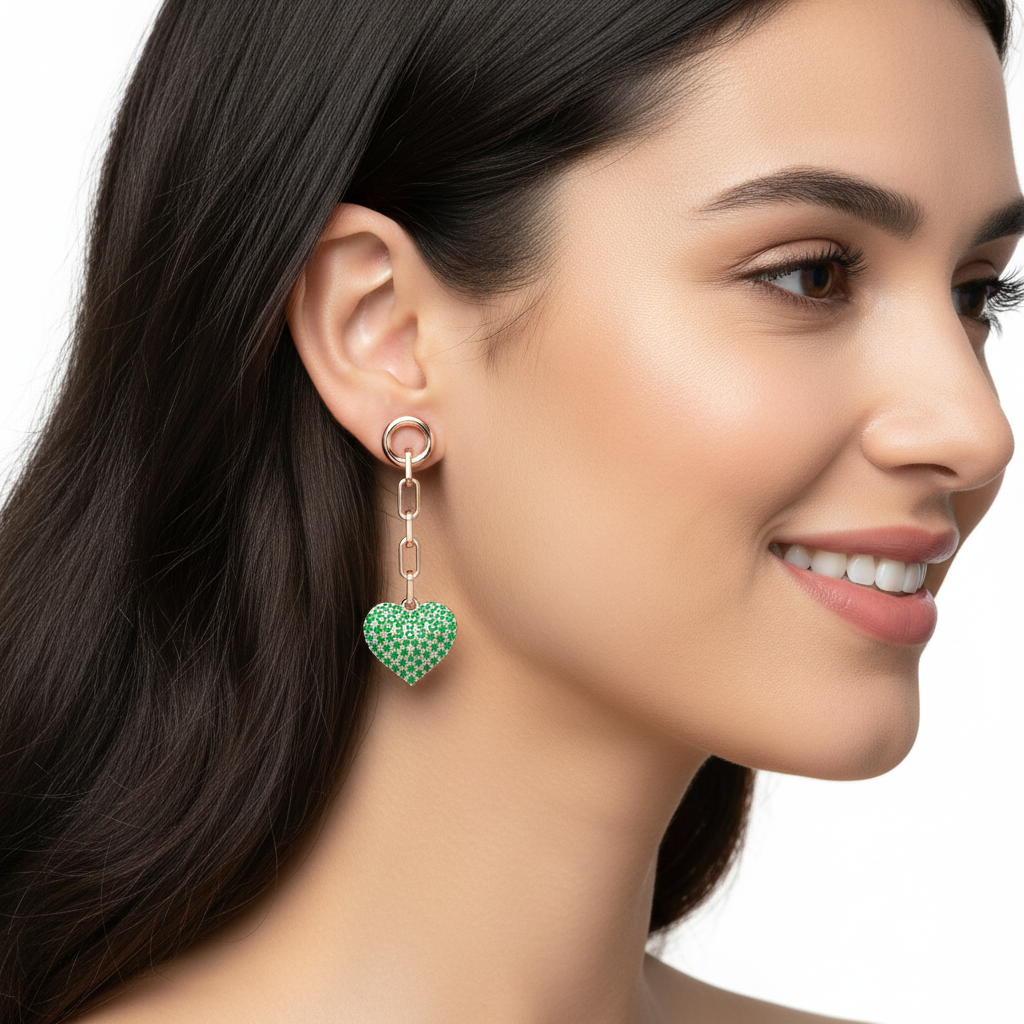Emerald Pav Heart Chain Link Drop Earrings - Two
