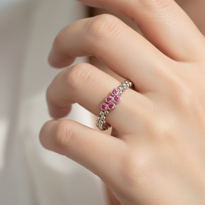 Lab-Grown Ruby Cluster Ring In White Gold – Minimal Beaded Band Stackable Ring | Jebij - Two