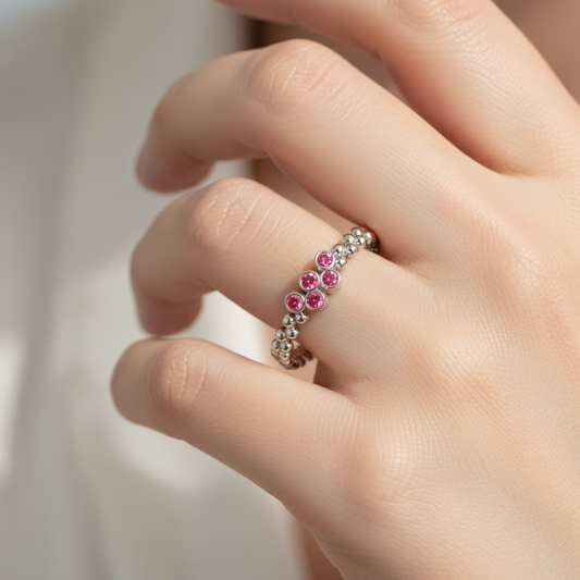 Lab-Grown Ruby Cluster Ring in White Gold – Minimal Beaded Band Stackable Ring | Jebij