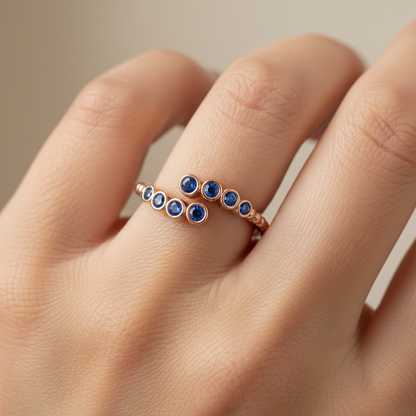 Blue Sapphire Beaded Open Wrap Ring Rose Tone - Two