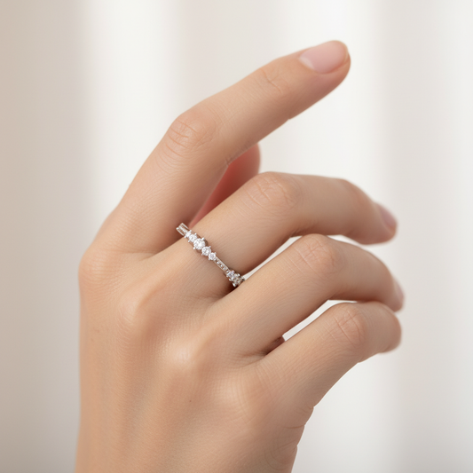 Delicate Diamond Baguette and Round Stackable White Gold Band Ring