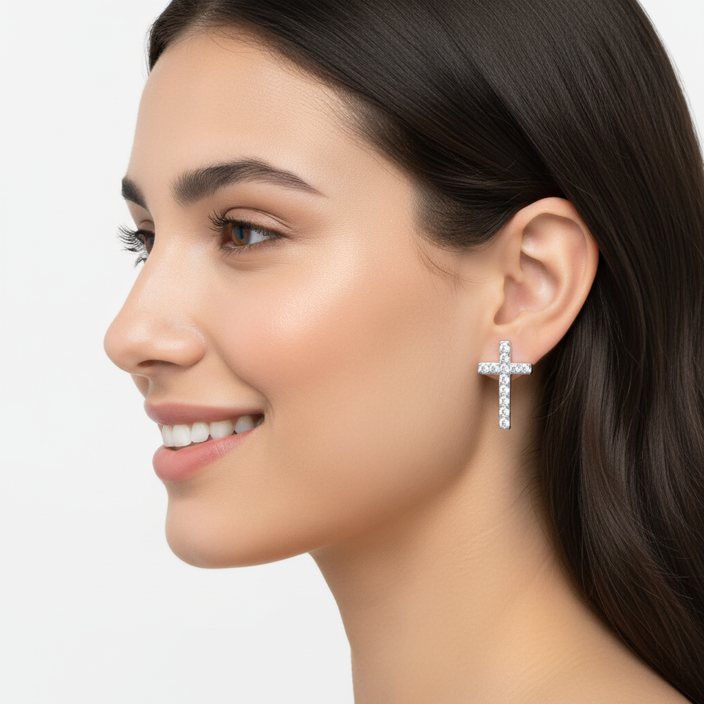 Pav Diamond Cross Stud Earrings With Screw Back - Two