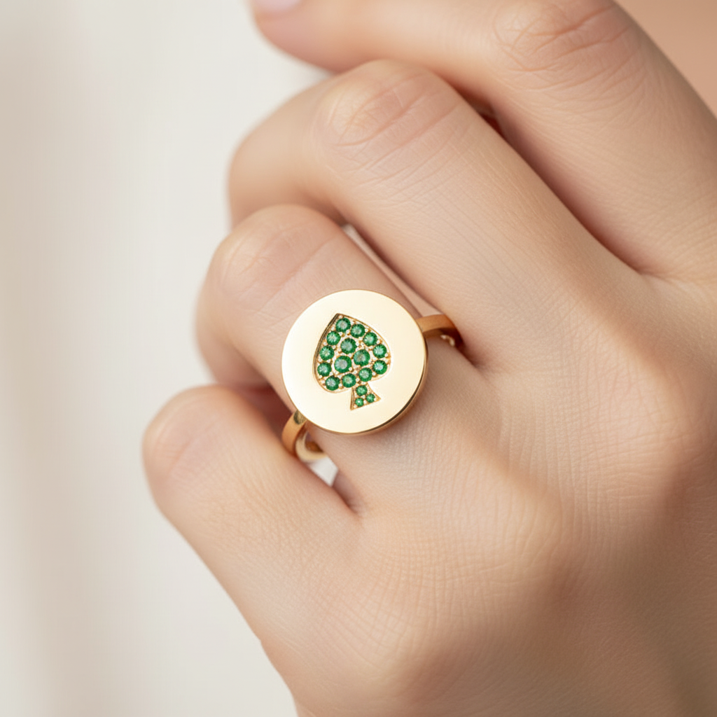 Emerald Spade Signet Ring With Pav Gemstones - Two