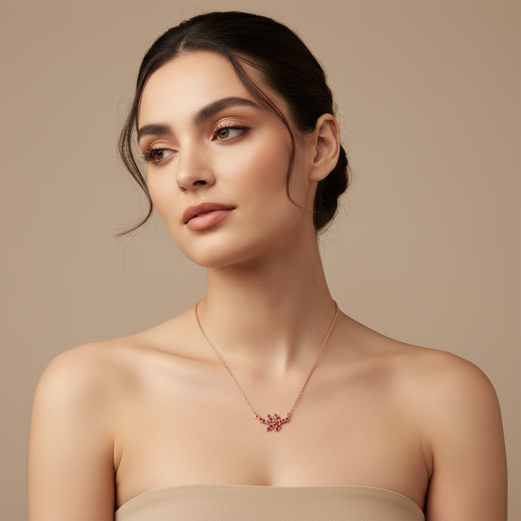 Garnet Leaf Branch Pendant Necklace With Rose Tone Chain - Two
