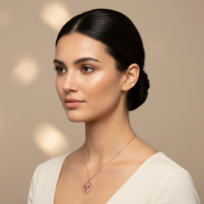 Ruby Butterfly Disc Pendant Necklace With Rose Tone Chain - Five