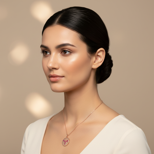 Ruby Butterfly Disc Pendant Necklace With Rose Tone Chain - Five