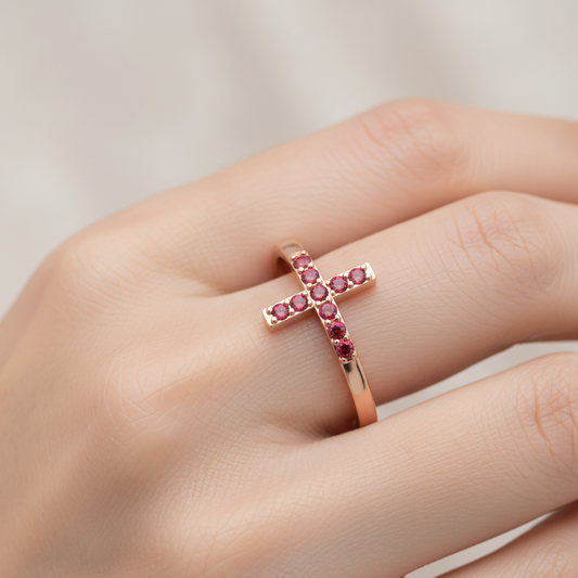 Ruby Cross Ring with Pav Gemstones in Rose Tone Finish