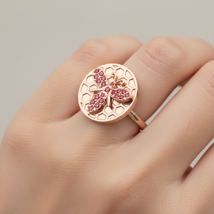 Honeycomb Bee Ring With Pink Gemstones Rose Tone - Two