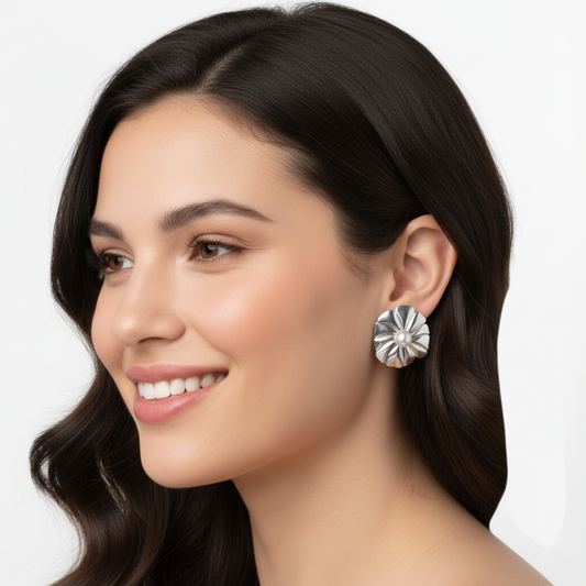 Gold Flower Stud Earrings with Pearl Center 13mm Round Design