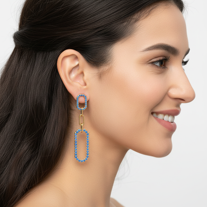 Blue Lab Grown Gemstone Link Drop Earrings  Pave Oval Chain Statement Dangle Design - Two