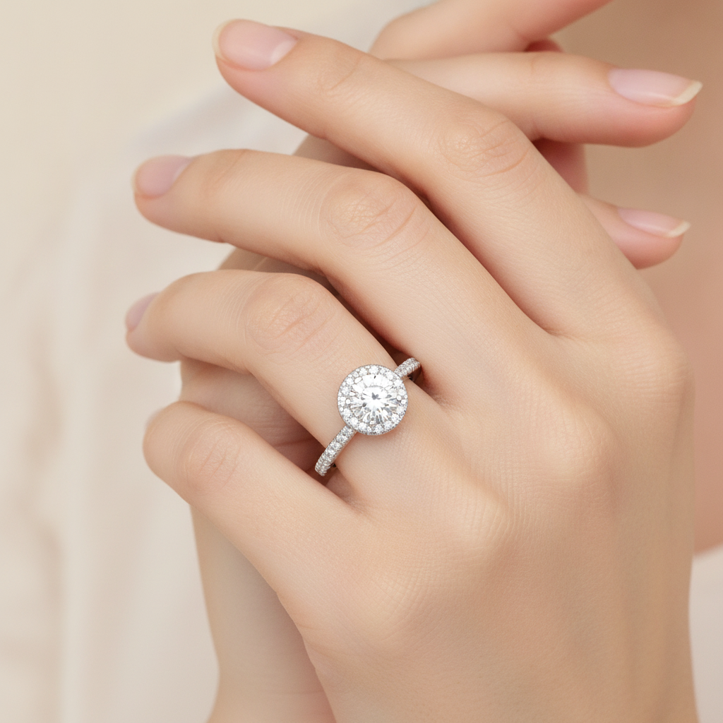 Jene Classic Halo Diamond Engagement Ring In 925 Sterling Silver - Fourteen