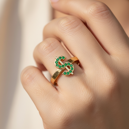 Green Emerald Dollar Sign Statement Ring