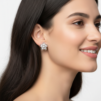 Diamond Flower Stud Modern Earrings In White Gold - Eight