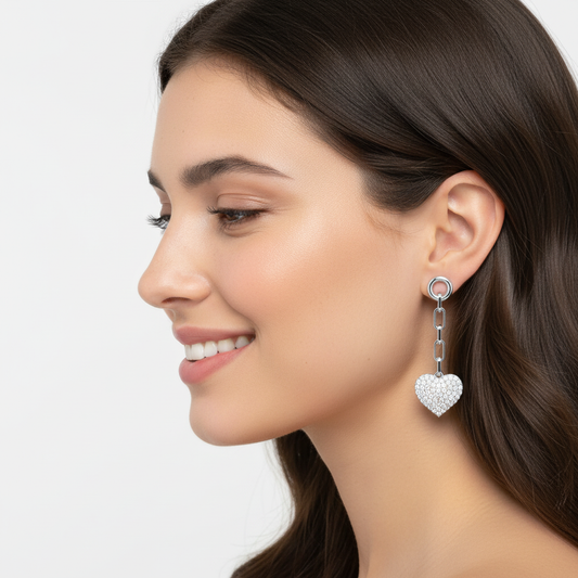 Pav Heart Chain Link Drop Earrings - Two