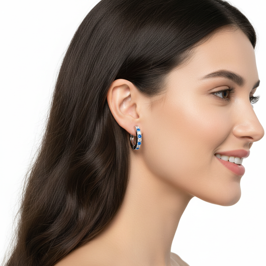 Blue Sapphire And Diamond Huggie Hoop Earrings In White Gold - Two