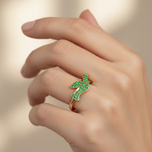 Emerald Pav Butterfly Ring with Polished Band