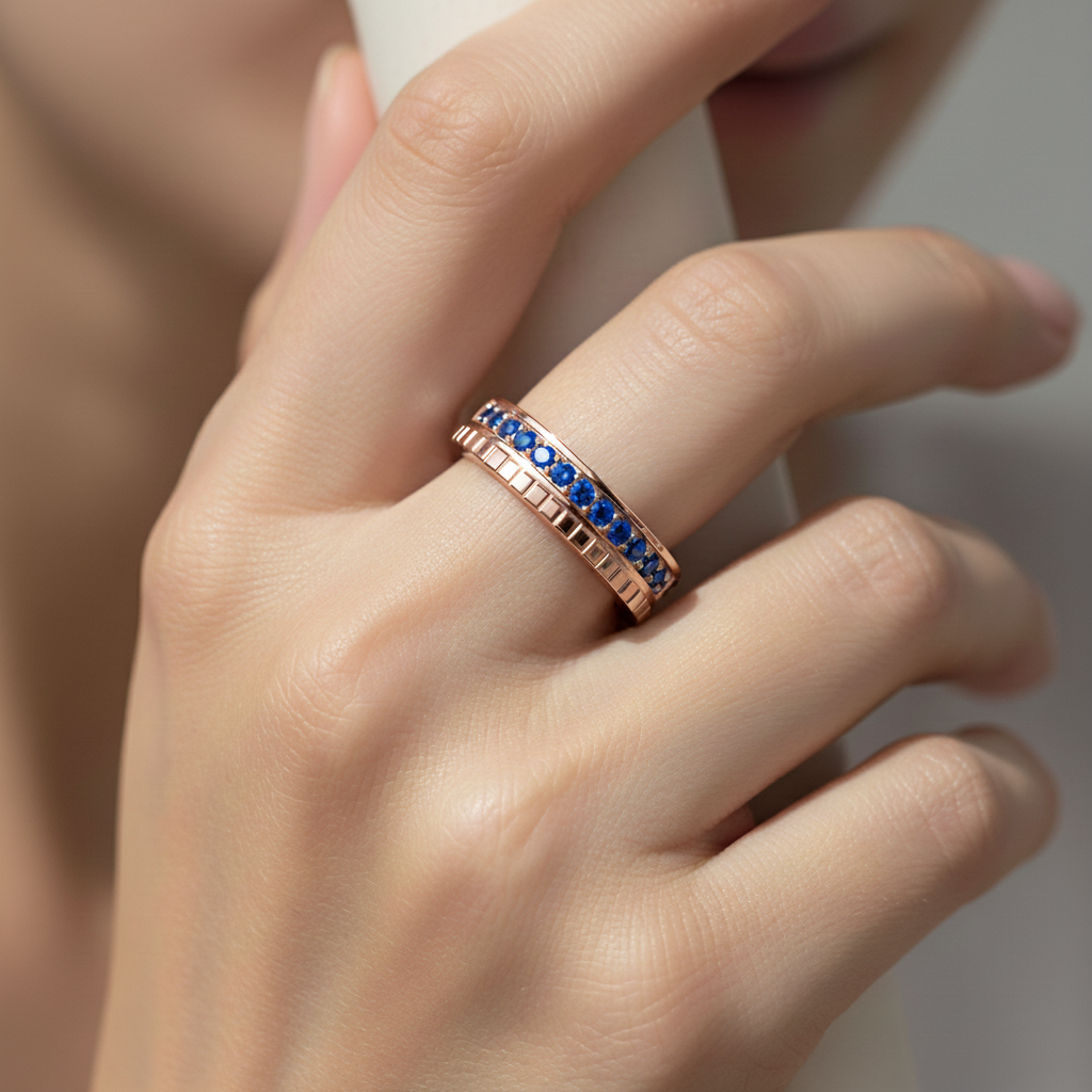Blue Sapphire Eternity Band Ring With Textured Detail - Two