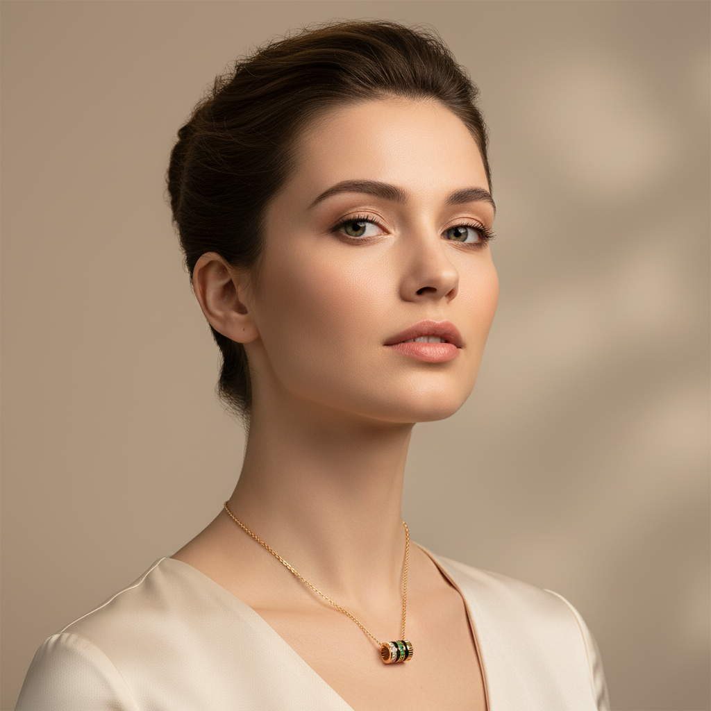 Yellow Gold Multi-Band Barrel Pendant Necklace With Diamond, Green Gemstone & Enamel | Jebij - Two