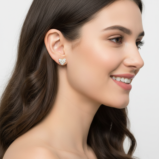 Gold Pav Diamond Heart Stud Earrings