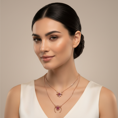 Ruby Star And Flower Layered Necklace Set - Two